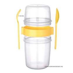 Salátás, gyümölcsös henger uzsonnadoboz 1,1l - Joghurtos pohár gabonatartállyal - villával és kanállal 