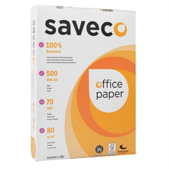 Fénymásolópapír A4, 80g, újrahasznosított ISO 70 fehérségű Saveco Orange Label 500ív/csomag Fénymásolópapír A4, 80g, újrahasznosított ISO 70 fehérségű Saveco Orange Label 500ív/csomag
