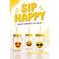 Szívószálas üvegbögre tetővel - Emoji