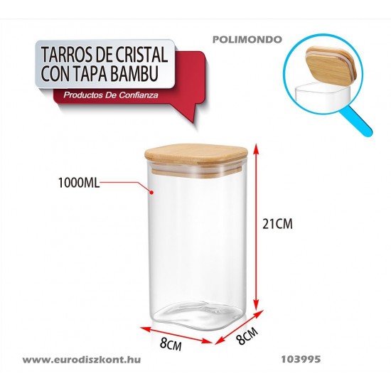 Üveg tároló 1000 ml Quadro bambusz tetővel Üveg tároló 1000 ml Quadro bambusz tetővel