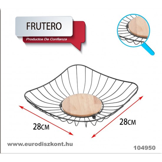 Fém kínálókosár fa betéttel 28*28 cm